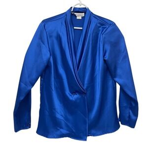 Alexandria Classy Blue Blouse Size 10 Top Silky Pleated V Neck Long‎ Sleeve